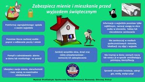 Ulotka profilaktyczna przedstawiająca rady na święta dotyczące zabezpieczenia m.in. domu przed wyjazdem świątecznym: poinformuj zaufanego sąsiada, właściwie zabezpiecz dom, ubezpiecz dom,