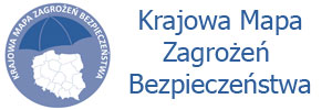 Zdjęcie przedstawia logo Krajowej Mapy Zagrożeń Bezpieczeństwa, na którym widnieje mapa Polski z podziałem administracyjnym, a nad nią zarys parasola i napis Krajowa Mapa Zagrożeń Bezpieczeństwa.